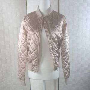 Blush champagne quilted satin bomber jacket